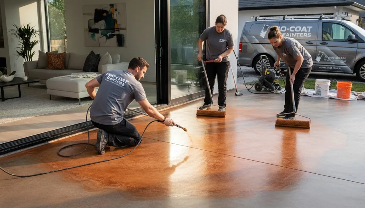 Professional concrete staining on residential driveway in Beverly, MA for durable decorative finish