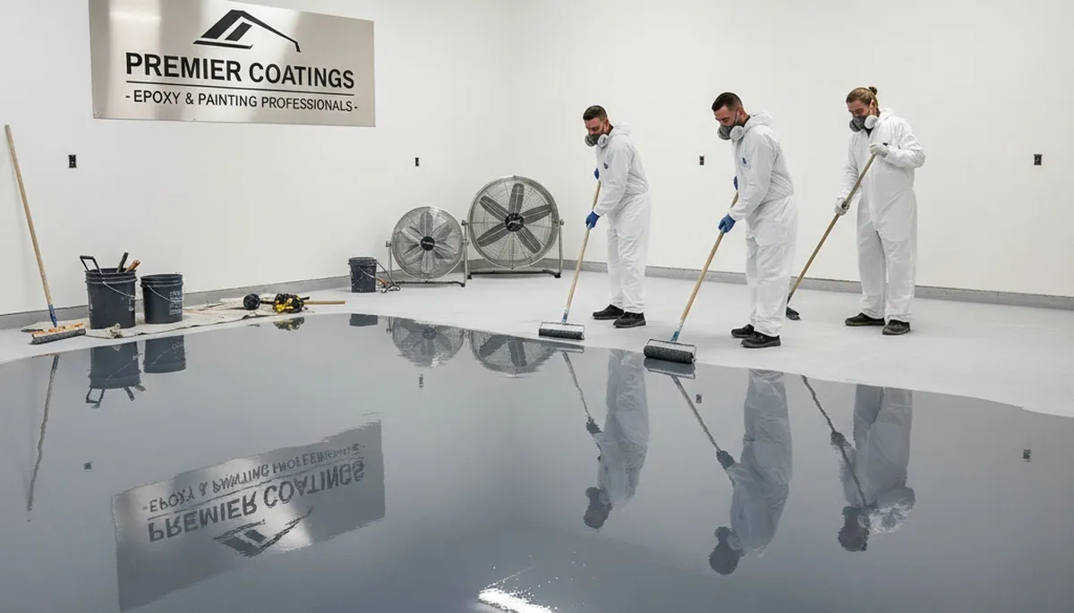 Epoxy floor coating in Beverly MA garage with durable glossy finish by local painting professionals