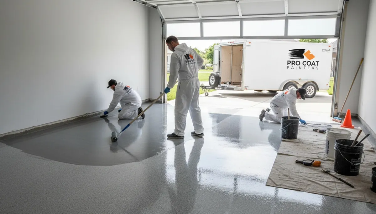 Epoxy garage floor coating in Beverly MA with durable, glossy finish by local painting contractors