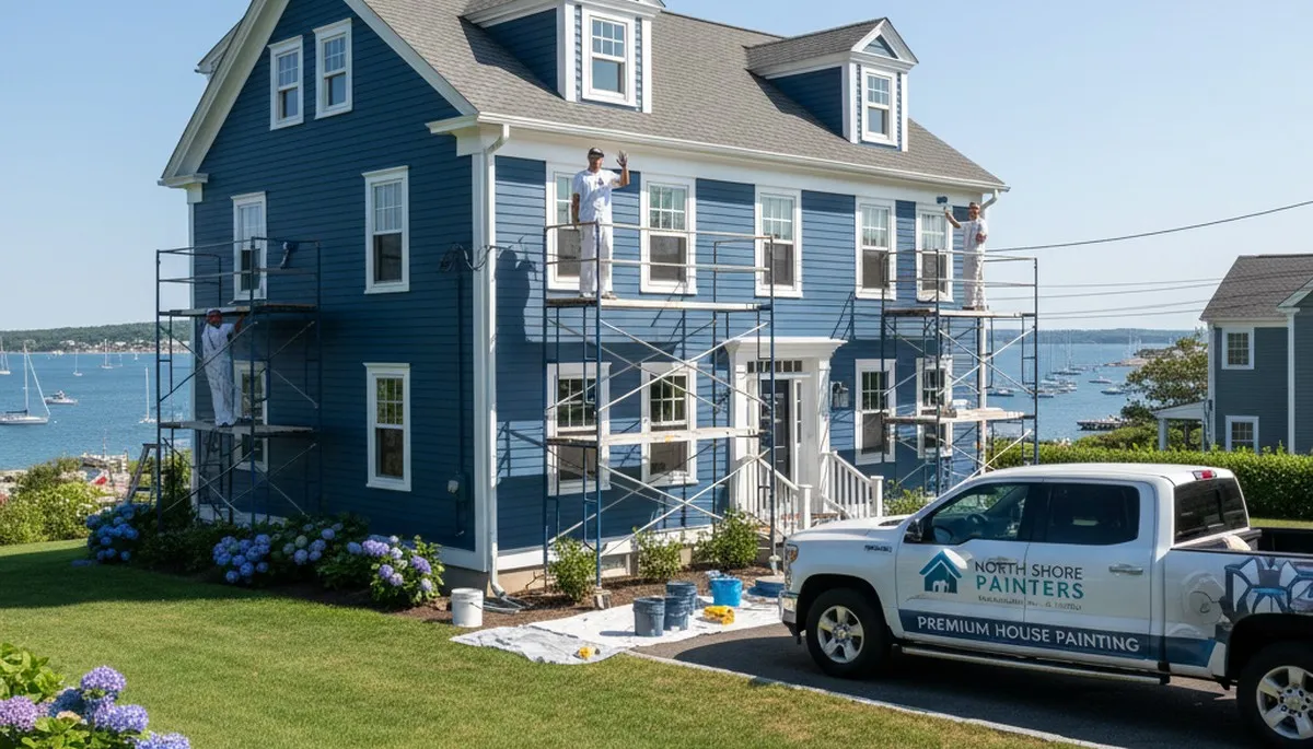 Professional house painters in Beverly MA applying exterior paint to a coastal home façade