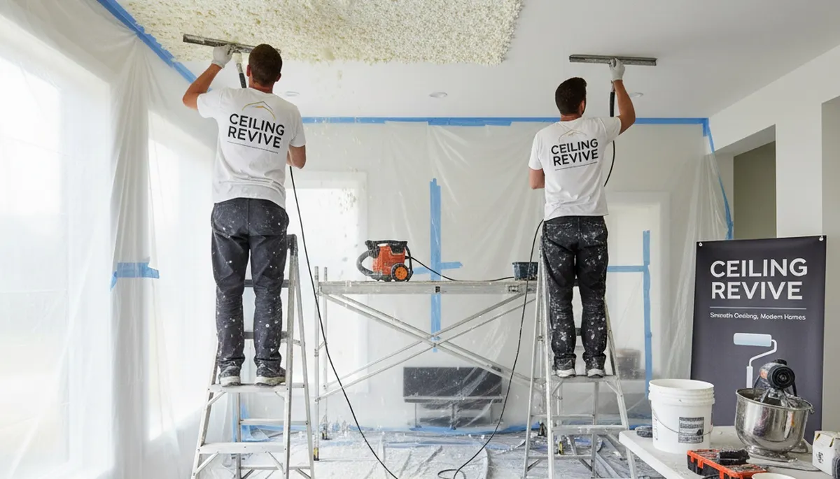 Professional popcorn ceiling removal and refinishing in Beverly, MA home interior painting project