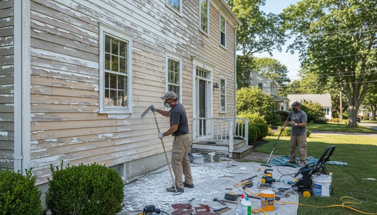 Professional surface preparation for exterior house painting in Beverly, MA by Coastal Home Painters