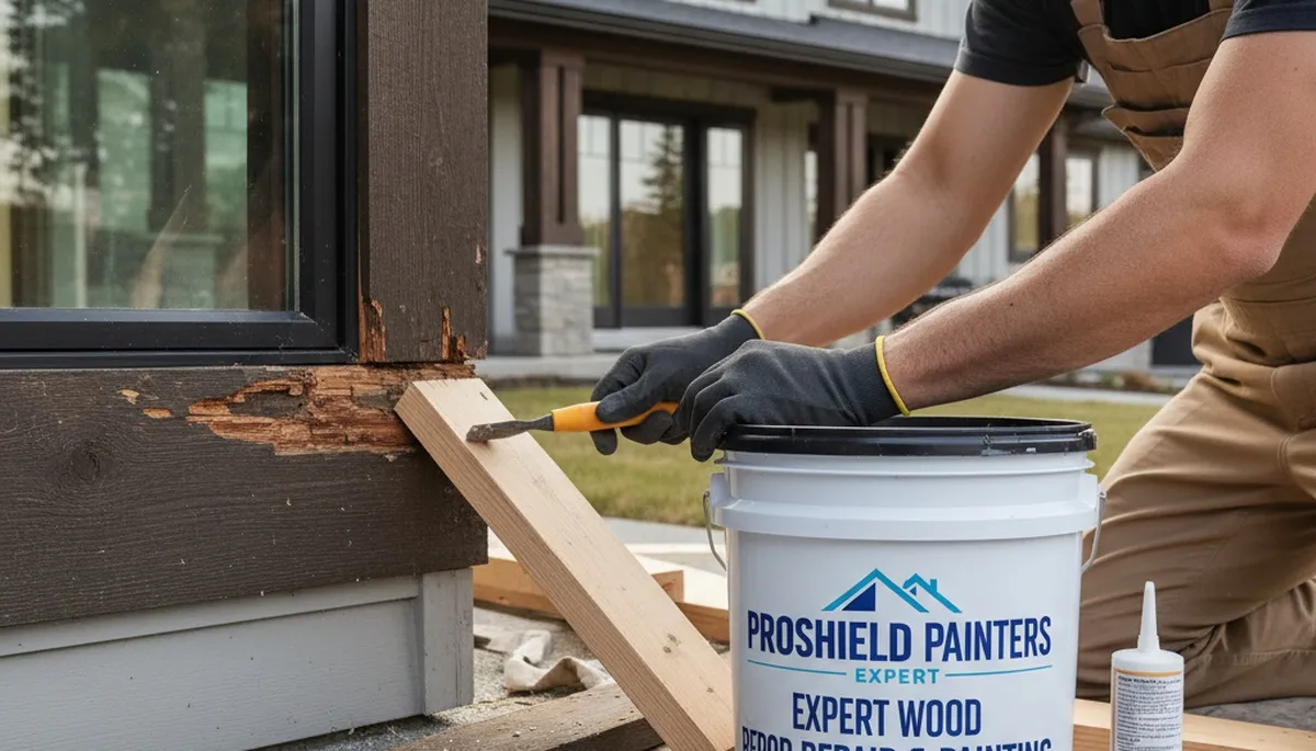 Contractor repairing wood rot on Beverly MA home exterior before painting and carpentry restoration